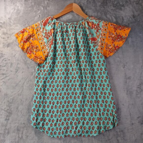 Boho Floral Mixed Print Tunic Top Orange & Teal Short Sleeve Festival Style - Picture 1 of 9